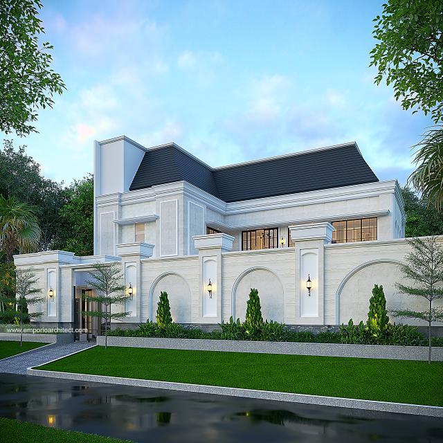 Desain Tampak Belakang Dengan Pagar Rumah Mediteran Klasik 3 Lantai Ibu HYT di Bogor