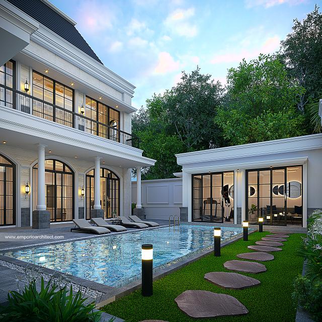 Desain Tampak Detail Belakang Rumah Mediteran Klasik 3 Lantai Ibu HYT di Bogor