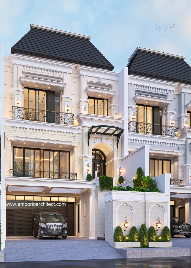 Desain Tampak Depan 2 Rumah Mediteran Klasik 3.5 Lantai Ibu BTY dan Ibu LZA di Jakarta Selatan