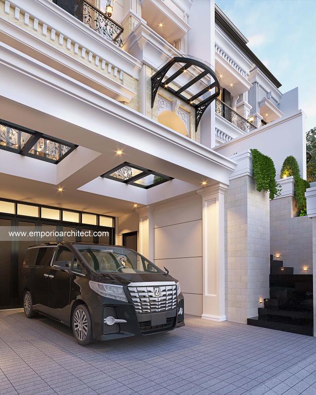 Desain Tampak Detail Depan Rumah Mediteran Klasik 3.5 Lantai Ibu BTY dan Ibu LZA di Jakarta Selatan
