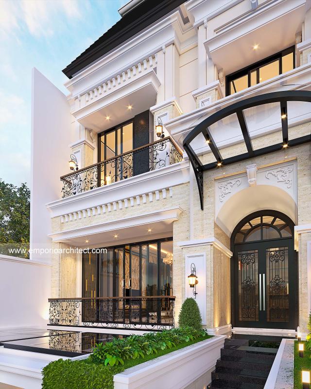 Desain Tampak Detail Depan 2 Rumah Mediteran Klasik 3.5 Lantai Ibu BTY dan Ibu LZA di Jakarta Selatan
