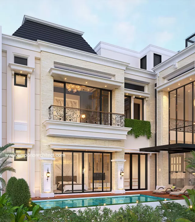 Desain Tampak Belakang Rumah Mediteran Klasik 3.5 Lantai Ibu BTY dan Ibu LZA di Jakarta Selatan