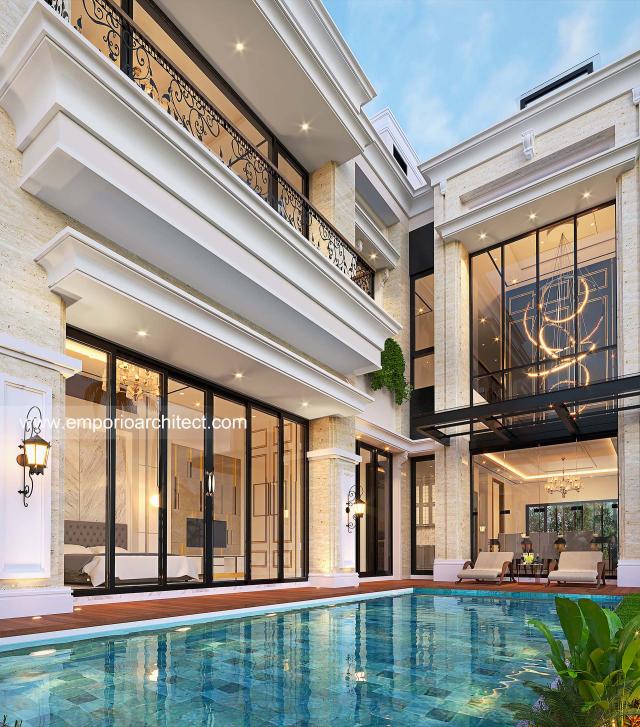 Desain Tampak Detail Belakang Rumah Mediteran Klasik 3.5 Lantai Ibu BTY dan Ibu LZA di Jakarta Selatan