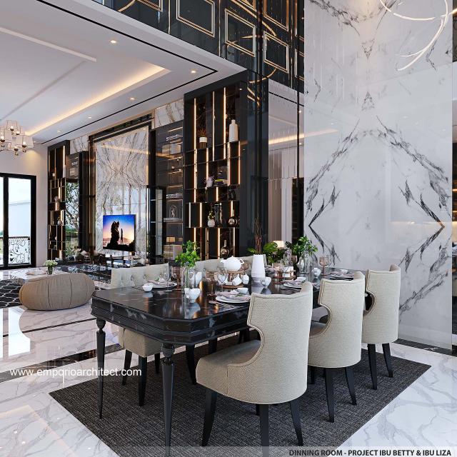 Desain Ruang Makan Rumah Mediteran Klasik 3.5 Lantai Ibu BTY dan Ibu LZA di Jakarta Selatan
