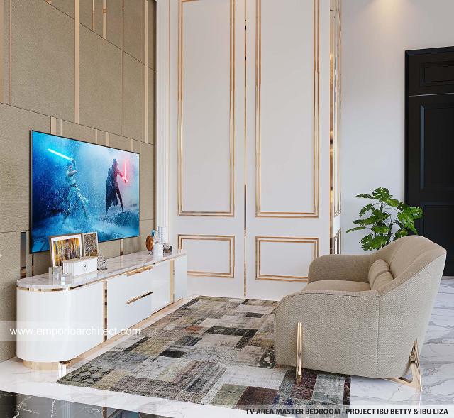 Desain Area TV Kamar Tidur Utama Rumah Mediteran Klasik 3.5 Lantai Ibu BTY dan Ibu LZA di Jakarta Selatan