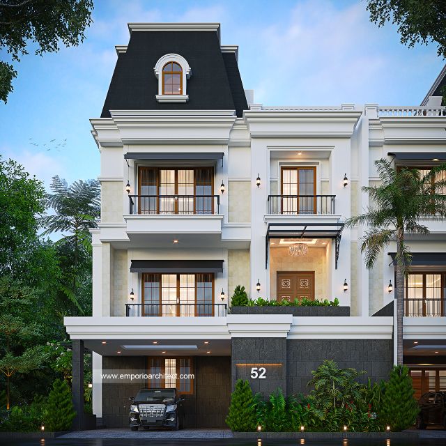 Desain Tampak Depan Rumah Klasik 4 Lantai Bapak WLL di PIK, Jakarta Utara