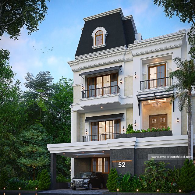 Desain Tampak Depan 2 Rumah Klasik 4 Lantai Bapak WLL di PIK, Jakarta Utara
