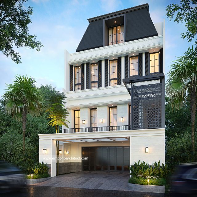 Desain Tampak Depan Rumah Klasik 4 Lantai Ibu I di Jakarta Barat