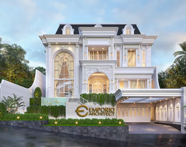 Desain Tampak Depan 3 Rumah Klasik 4 Lantai Ibu Agustina di Sentul City, Bogor, Jawa Barat