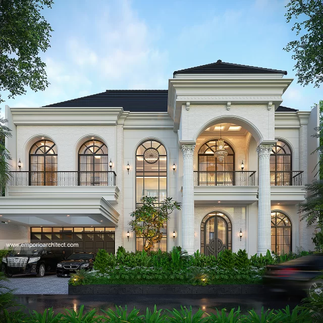 Desain Tampak Depan Rumah Klasik Mediteran 2 Lantai Ibu S di Bekasi