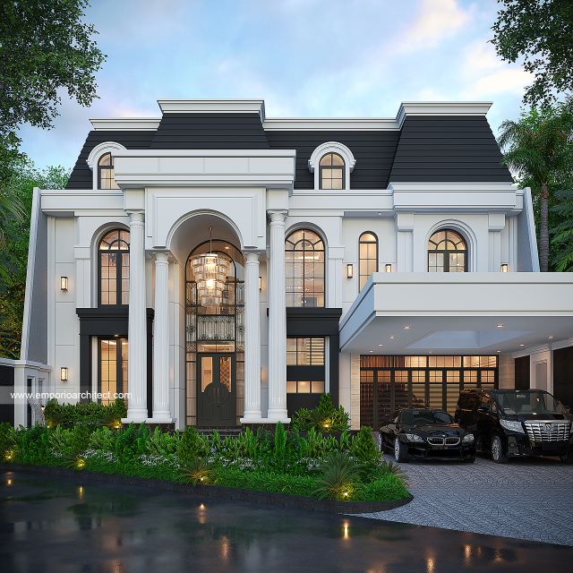Desain Tampak Depan Rumah Klasik Mediteran 2 Lantai Ibu SKW di Bandung