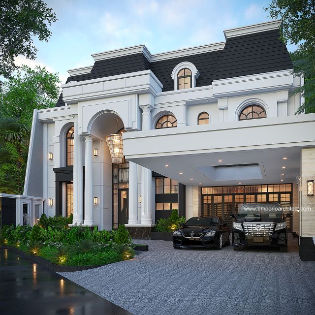 Desain Tampak Depan 2 Rumah Klasik Mediteran 2 Lantai Ibu SKW di Bandung
