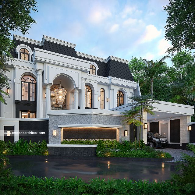 Desain Tampak Depan Dengan Pagar Rumah Klasik Mediteran 2 Lantai Ibu SKW di Bandung