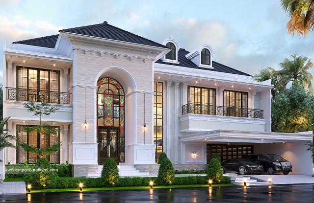 Desain Tampak Depan Tanpa Pagar 2 Rumah Klasik Mediteran 2 Lantai Bapak MTS di Jakarta