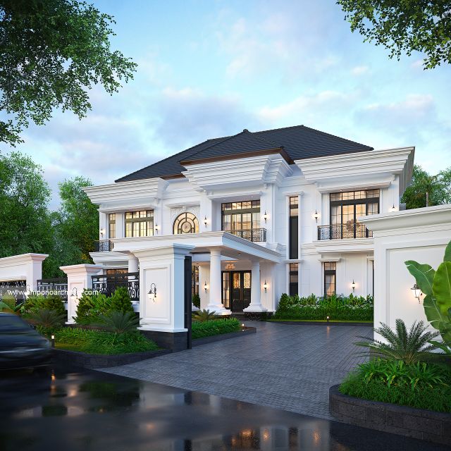 Desain Tampak Depan Dengan Pagar Rumah Klasik Mediteran 2 Lantai Bapak AR di Madura