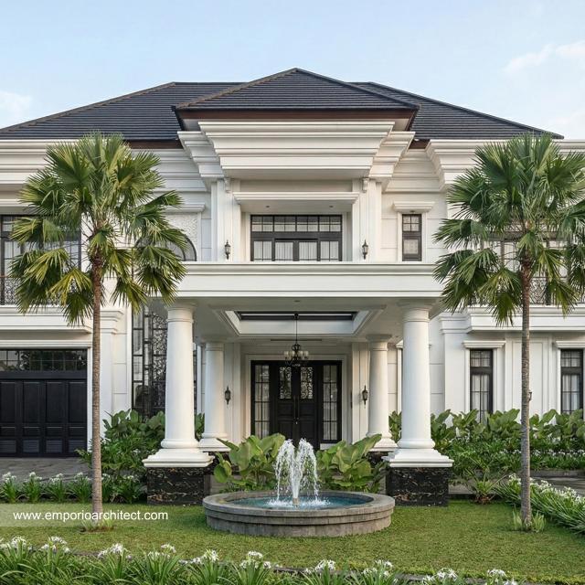 Desain Tampak Detail Depan Rumah Klasik Mediteran 2 Lantai Bapak AR di Madura