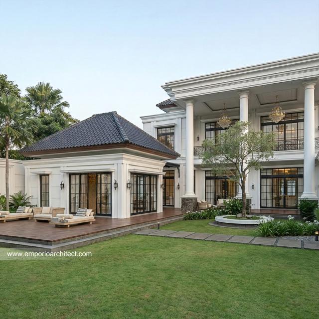 Desain Tampak Belakang Rumah Klasik Mediteran 2 Lantai Bapak AR di Madura