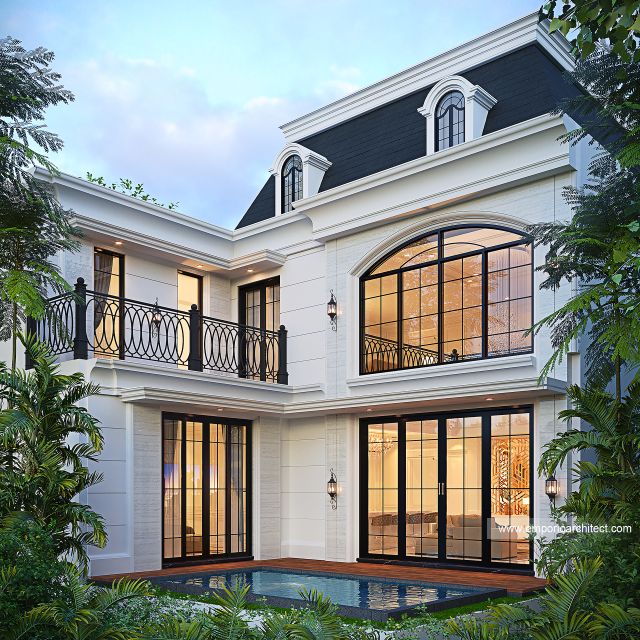Desain Tampak Belakang Rumah Mediteran Klasik 2 Lantai Ibu MRR di Bandung