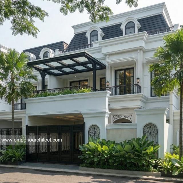 Desain Tampak Depan Rumah Klasik Mediteran 2 Lantai Bapak RND di Tebet, Jakarta Selatan