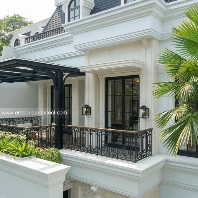 Desain Tampak Detail Depan 2 Rumah Klasik Mediteran 2 Lantai Bapak RND di Tebet, Jakarta Selatan