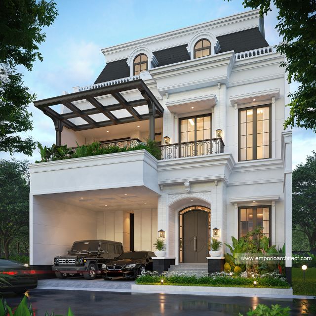Desain Tampak Depan 2 Rumah Klasik Mediteran 2 Lantai Bapak RND di Tebet, Jakarta Selatan