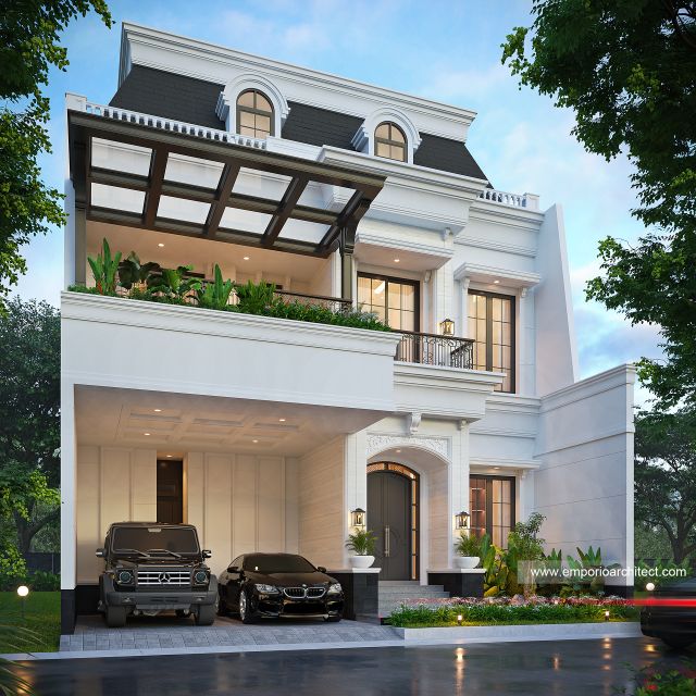 Desain Tampak Depan 3 Rumah Klasik Mediteran 2 Lantai Bapak RND di Tebet, Jakarta Selatan