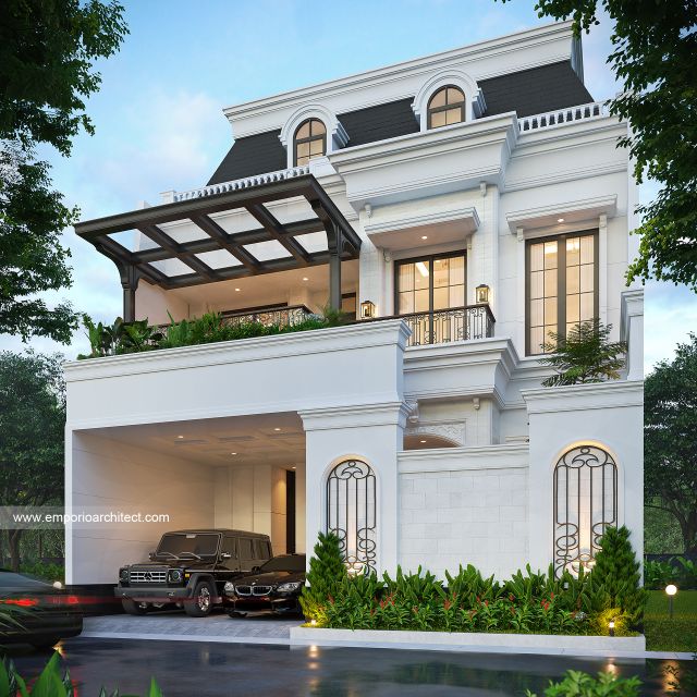 Desain Tampak Depan Dengan Pagar Rumah Klasik Mediteran 2 Lantai Bapak RND di Tebet, Jakarta Selatan