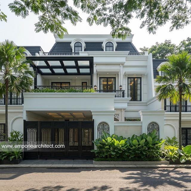 Desain Tampak Depan 2 Rumah Klasik Mediteran 2 Lantai Bapak RND di Tebet, Jakarta Selatan