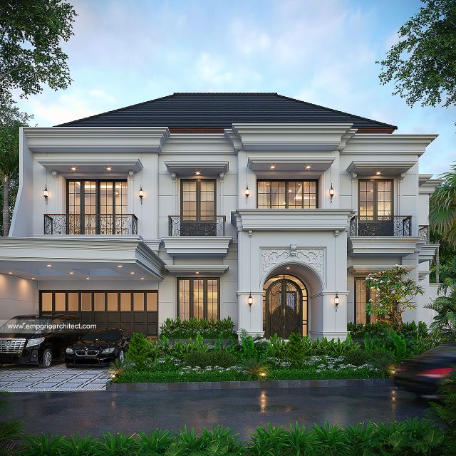 Desain Tampak Depan Rumah Klasik Mediteran 2 Lantai Bapak TMS di Sentul, Bogor