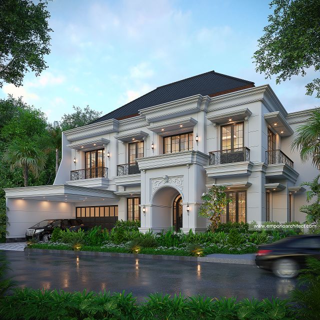 Desain Tampak Depan 2 Rumah Klasik Mediteran 2 Lantai Bapak TMS di Sentul, Bogor