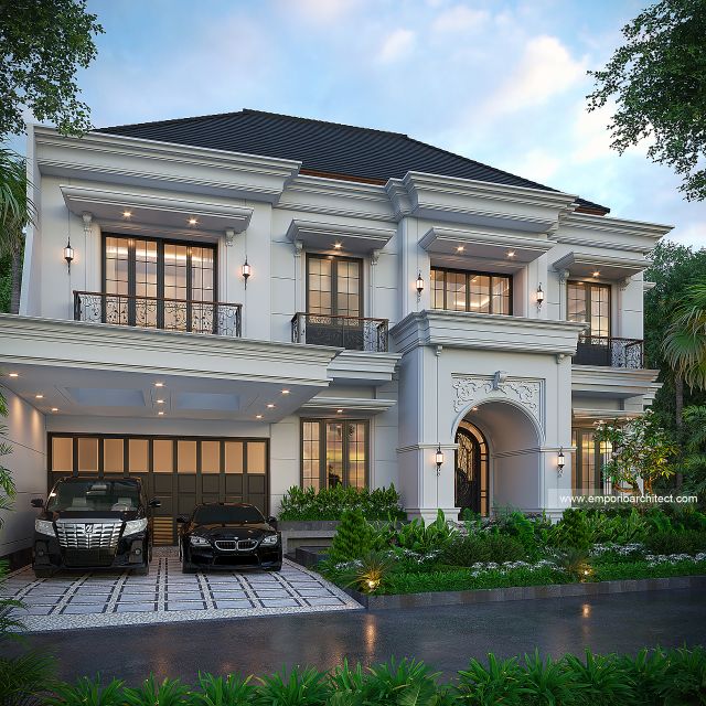Desain Tampak Depan 3 Rumah Klasik Mediteran 2 Lantai Bapak TMS di Sentul, Bogor