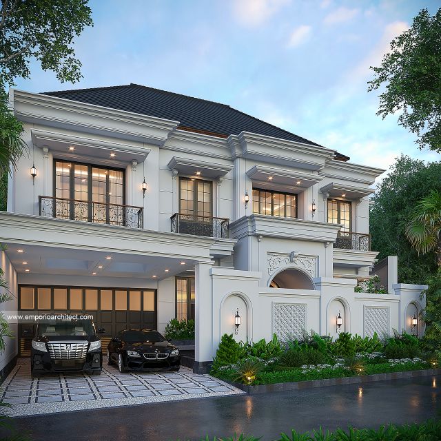 Desain Tampak Depan Dengan Pagar Rumah Klasik Mediteran 2 Lantai Bapak TMS di Sentul, Bogor
