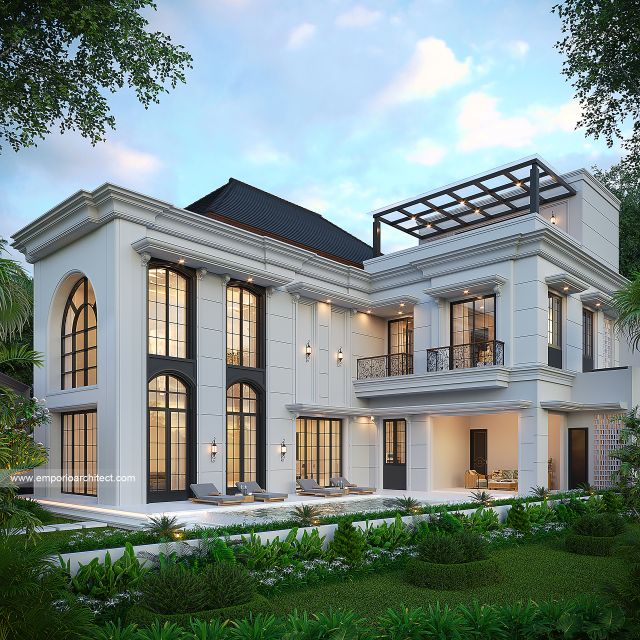 Desain Tampak Belakang Rumah Klasik Mediteran 2 Lantai Bapak TMS di Sentul, Bogor