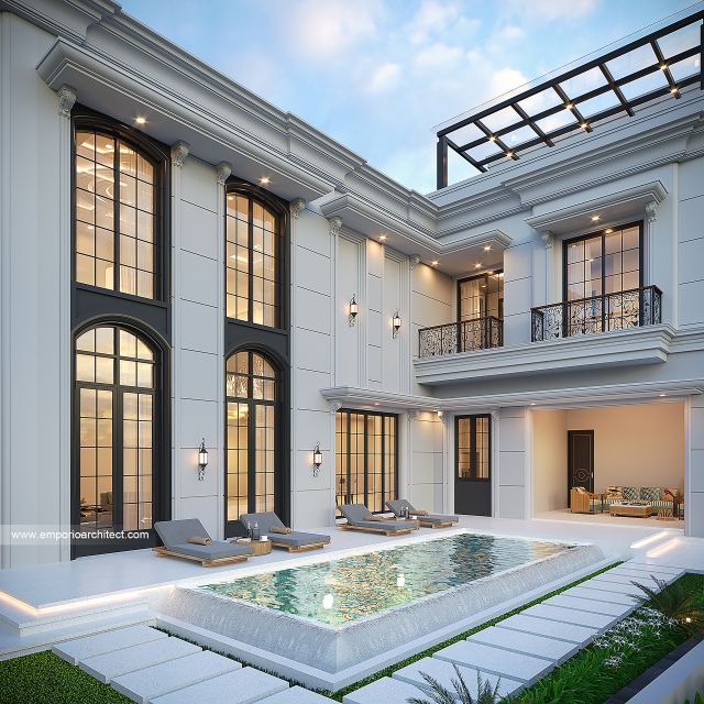 Desain Tampak Detail Belakang Rumah Klasik Mediteran 2 Lantai Bapak TMS di Sentul, Bogor