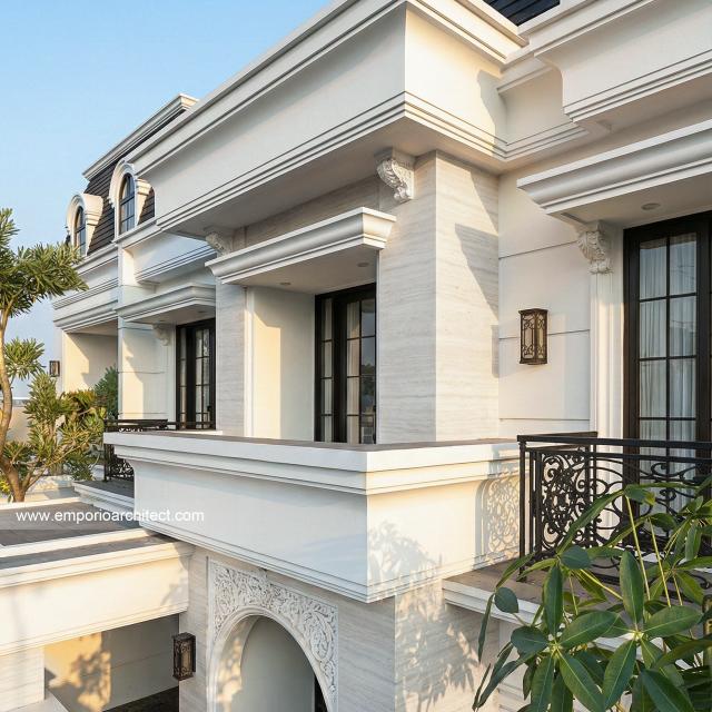 Desain Tampak Detail Depan 2 Rumah Klasik Mediteran 2 Lantai Ibu RN di Bandung
