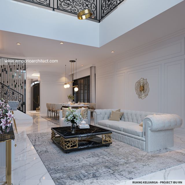 Desain Ruang Keluarga Rumah Klasik Mediteran 2 Lantai Ibu RN di Bandung
