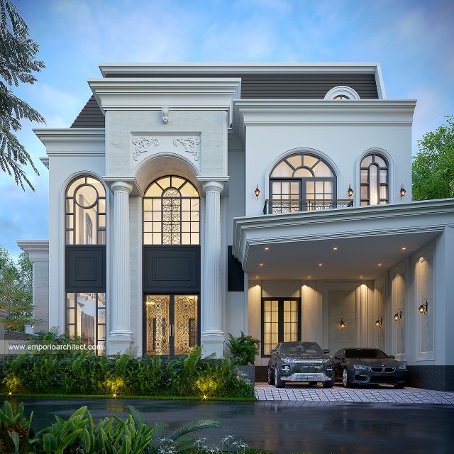 Desain Tampak Depan Rumah Klasik Mediteran 3 Lantai Ibu KMR di Sumatera Selatan