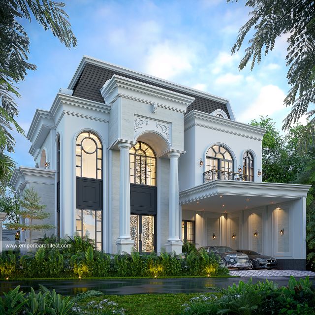 Desain Tampak Depan 2 Rumah Klasik Mediteran 3 Lantai Ibu KMR di Sumatera Selatan
