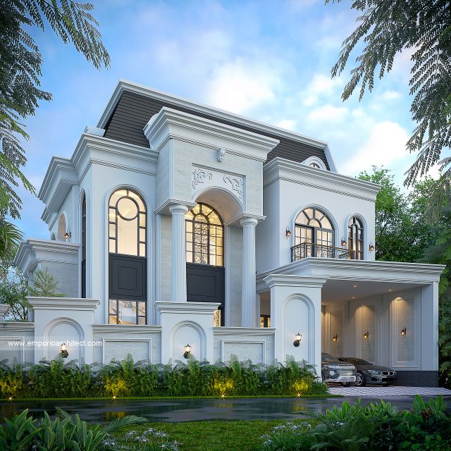 Desain Tampak Depan Dengan Pagar Rumah Klasik Mediteran 3 Lantai Ibu KMR di Sumatera Selatan