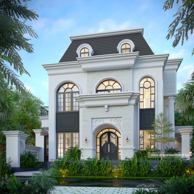 Desain Tampak Samping Rumah Klasik Mediteran 3 Lantai Ibu KMR di Sumatera Selatan