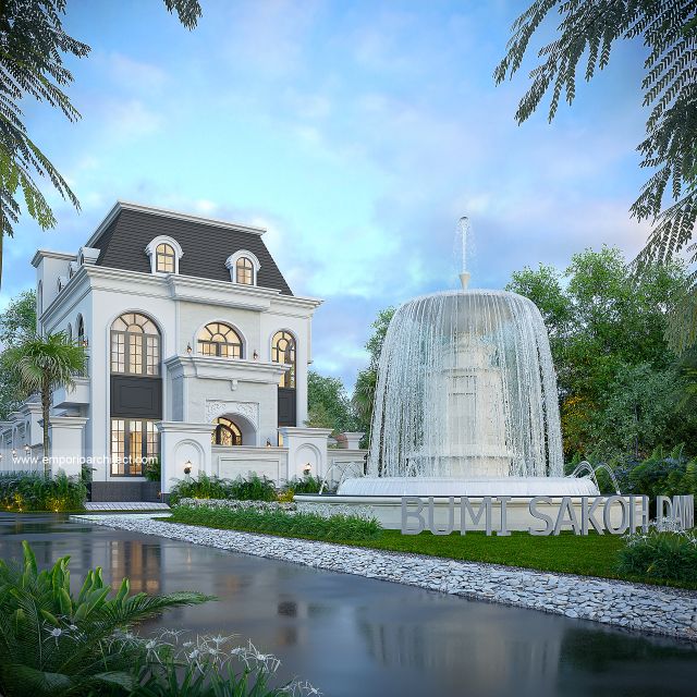 Desain Tampak Samping 2 Rumah Klasik Mediteran 3 Lantai Ibu KMR di Sumatera Selatan