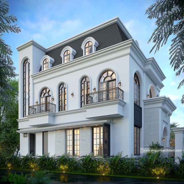 Desain Tampak Belakang Rumah Klasik Mediteran 3 Lantai Ibu KMR di Sumatera Selatan