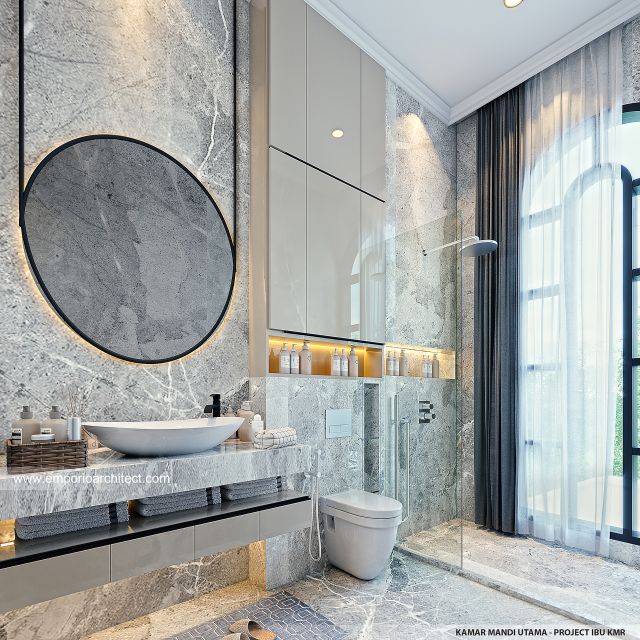 Desain Kamar Mandi Utama Rumah Klasik Mediteran 3 Lantai Ibu KMR di Sumatera Selatan