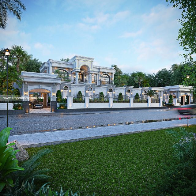 Desain Tampak Depan Dengan Pagar Rumah Klasik Mediteran 3 Lantai Mr. IKS di Tajikistan