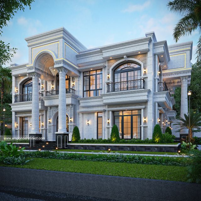 Desain Tampak Depan Rumah Klasik Mediteran 3 Lantai Mr. IKS di Tajikistan