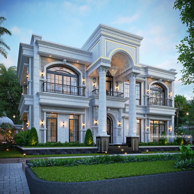 Desain Tampak Depan 2 Rumah Klasik Mediteran 3 Lantai Mr. IKS di Tajikistan