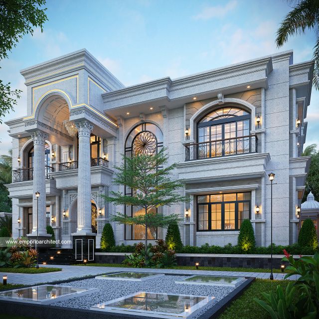 Desain Tampak Samping Kanan Rumah Klasik Mediteran 3 Lantai Mr. IKS di Tajikistan