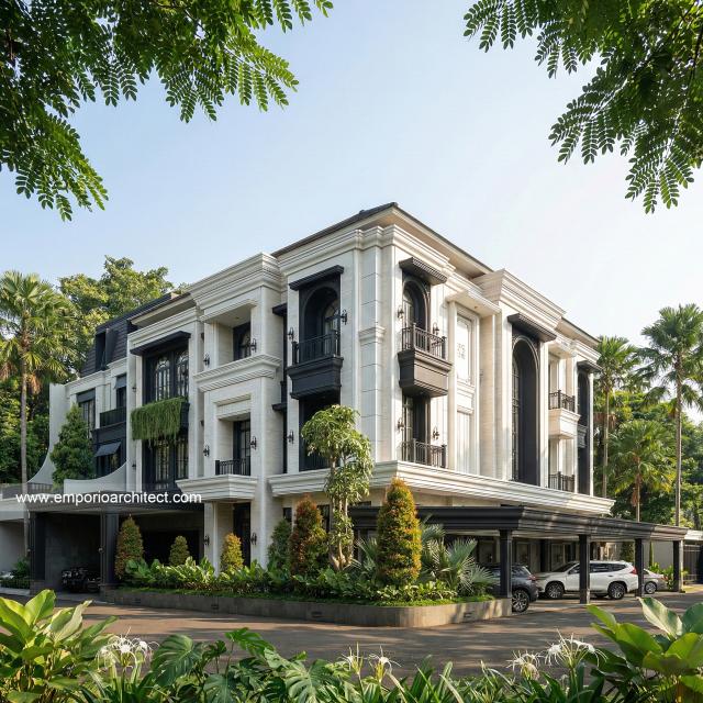 Desain Tampak Hook Rumah Klasik Mediteran 3 Lantai Bapak JTN di Alam Sutera, Tangerang Selatan