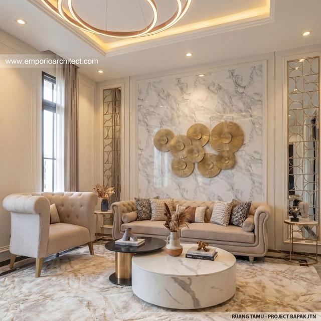 Desain Ruang Tamu Rumah Klasik Mediteran 3 Lantai Bapak JTN di Alam Sutera, Tangerang Selatan