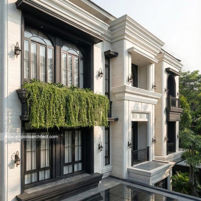Desain Tampak Detail Depan 2 Rumah Klasik Mediteran 3 Lantai Bapak JTN di Alam Sutera, Tangerang Selatan